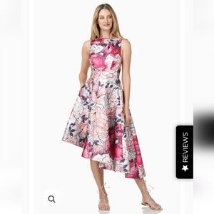 Kay Unger Floral Print Asymmetrical Hem Mikado Dress In Cerulean Anemone Sz.16